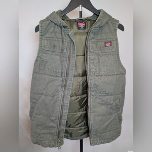 Wrangler Workwear Men's Size L Olive Green Canvas Quilted Lined Hooded Vest